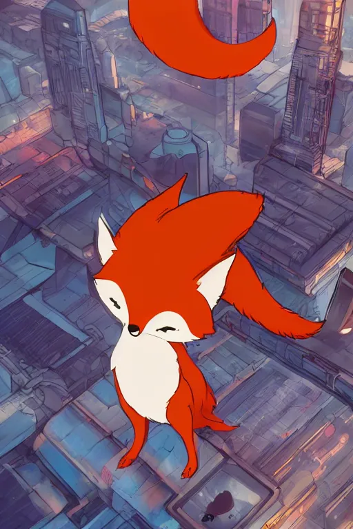 Prompt: an anthropomorphic fox with a fluffy tail staring over a futuristic city from the top of a roof, comic art, trending on furaffinity, cyberpunk, backlighting, cartoon