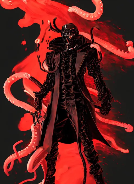 Image similar to half body portrait of an evil deity, a squid man in black mask and black rugged long trench coat made of smoke, red aura, tentacles. in style of yoji shinkawa and hyung - tae kim, trending on artstation, dark fantasy, great composition, concept art, highly detailed, dynamic pose.