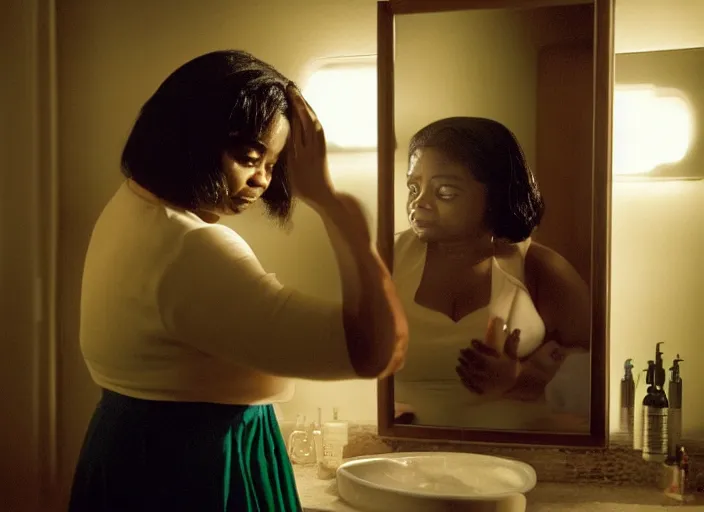Image similar to cinematic portrait of panicking octavia spencer talking to the bathroom mirror, scene from the tense thriller film ( 2 0 0 1 ) directed by spike jonze, hyper - detailed face, dramatic backlit window, volumetric hazy lighting, moody cinematography, 3 5 mm kodak color film, anamorphic wide angle lens