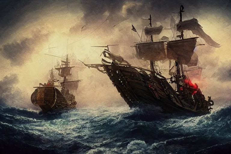 Image similar to epic pirate ship cannon battle in a storm, in the style of vernon grant and chris van allsburg, trending on artstation, bright tilt - shift camcorder effect, photoshop, retrowave, hyperrealism, octane, sharp focus, masterpiece