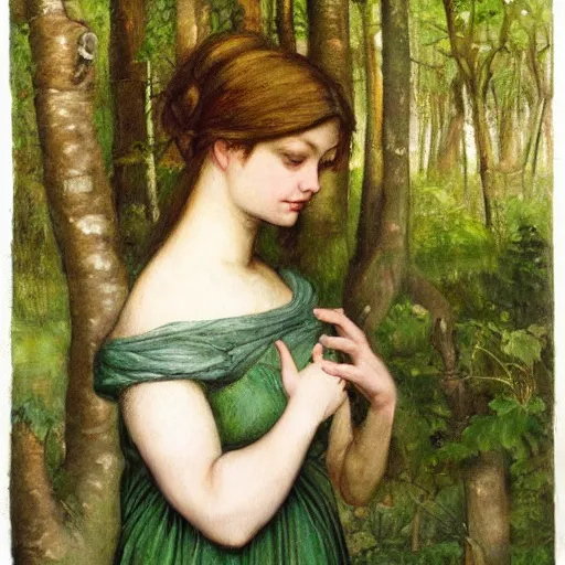 Prompt: a painting of a woman with a brain in a green forest romantic surrounding, in the style of waterhouse, realistic painting,