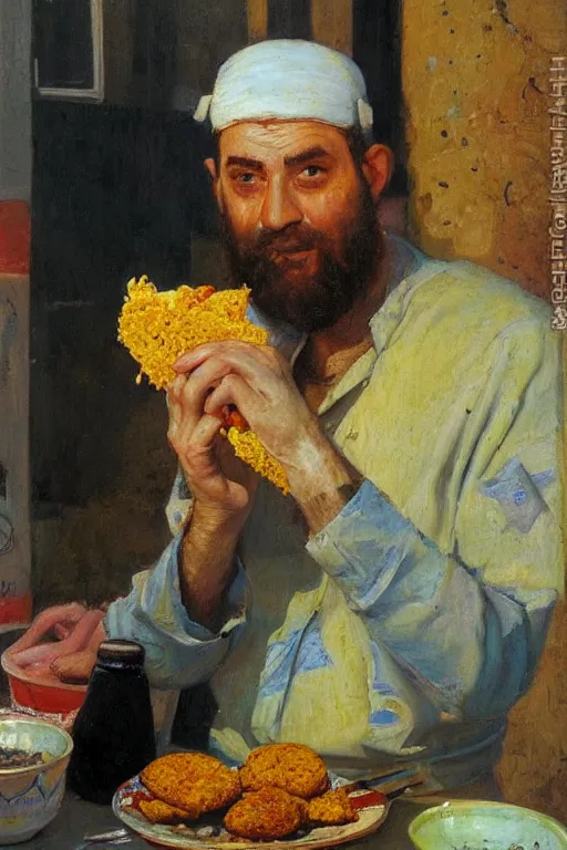 Prompt: portrait of an israeli man eating a falafel in tel aviv, victor Nizovtsev