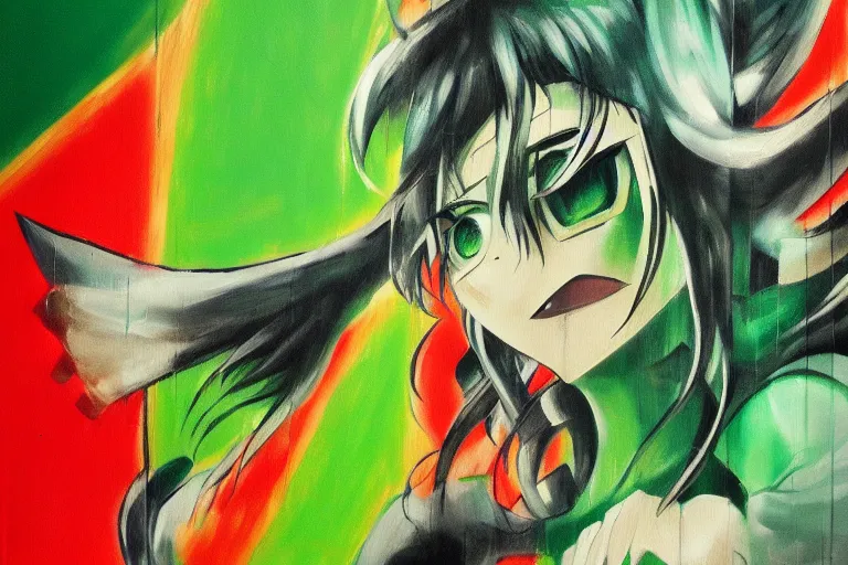 Prompt: oil painting of anime posters on a green wall, green overtones, highly detailed, stylized, abstract