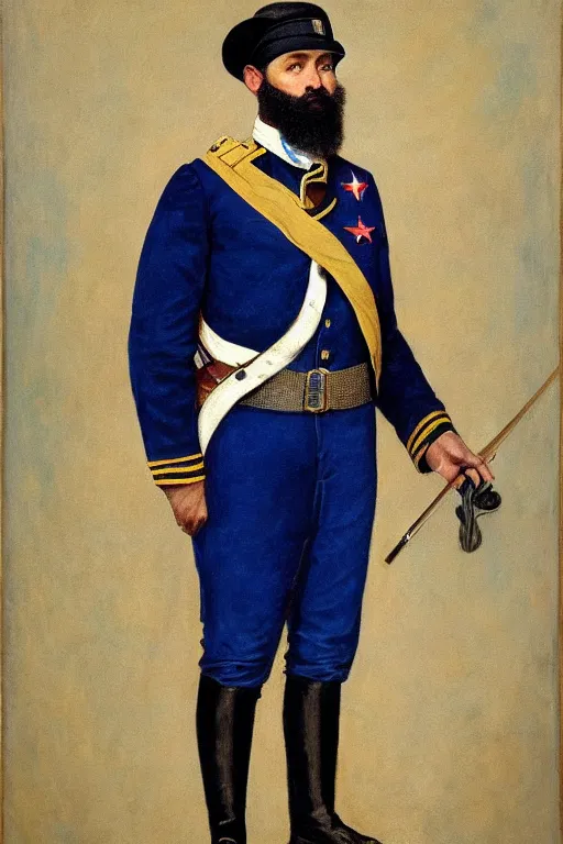Prompt: full body portrait of the dictator of the memphis grizzlies, 1 8 8 9, in full military garb, memphis midnight blue, beale street blue, smoke blue, grizzlies gold and white, oil on canvas by william sidney mount, trending on artstation