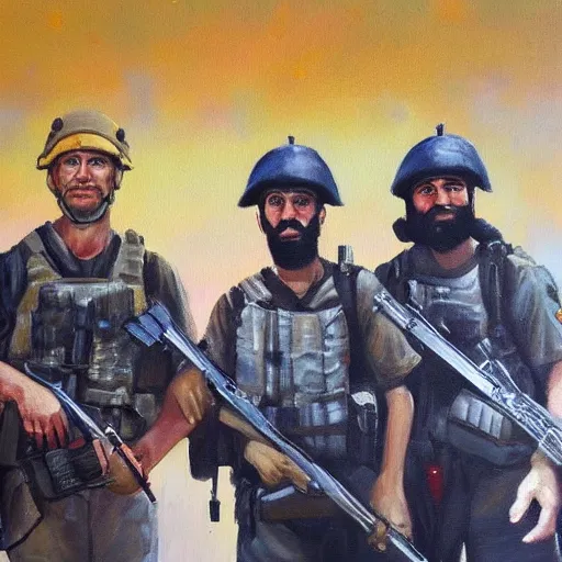 Prompt: A painting of Barney posing with ISIS soldiers in syria, detailed