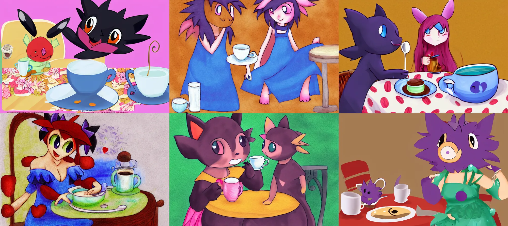 Prompt: zorua wearing a sundress at a table with cup of coffee by draggincat