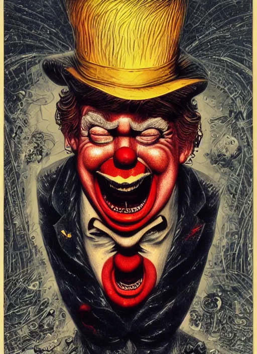 Prompt: donald trump sad clown, grotesque, horror, high details, intricate details, by vincent di fate, artgerm julie bell beeple, 80s, inking, vintage 80s print, screen print