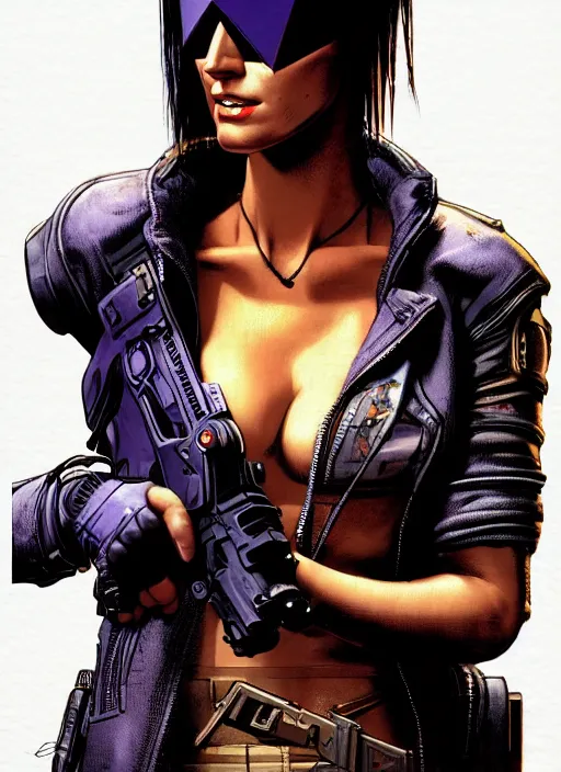 Image similar to cyberpunk mercenary. portrait by stonehouse and mœbius and will eisner and gil elvgren and pixar. realistic proportions. cyberpunk 2 0 7 7, apex, blade runner 2 0 4 9 concept art. cel shading. attractive face. thick lines.