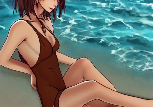 Prompt: A girl with short brown hair, wearing a swimsuit, laying on the beach drawn by WLOP, by Avetetsuya Studios, attractive character, colored sketch anime manga panel, trending on Artstation