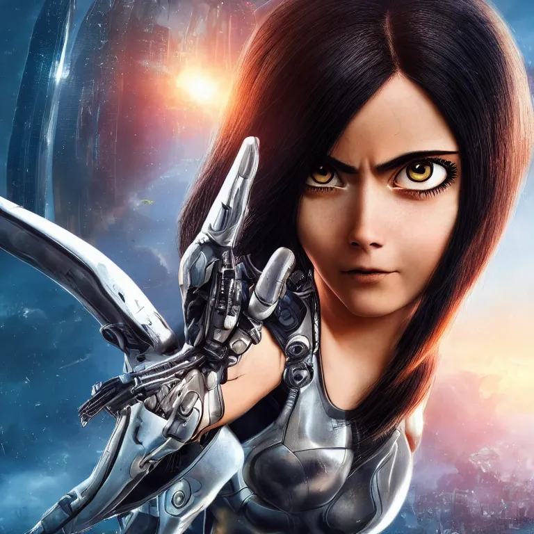 Image similar to scifi alita battle angel, elegant lady, big eyes, smiling face, extremely high detail, extremely high detailed face, cyborg, photorealism, sony a 7 r