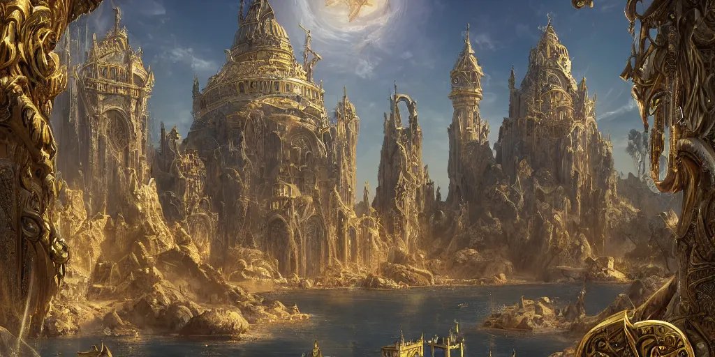 Image similar to rich fantasy city ornate, gold and marble, arabic elements, sand floating on a rock, shining sun, river, guilds, magic, sunlight rays, with trees and plants around Darek Zabrocki, Karlkka, trending on Artstation, 8K