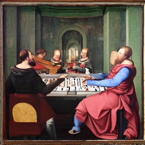 Image similar to a renaissance painting of a man playing piano with playing cards floating in the air