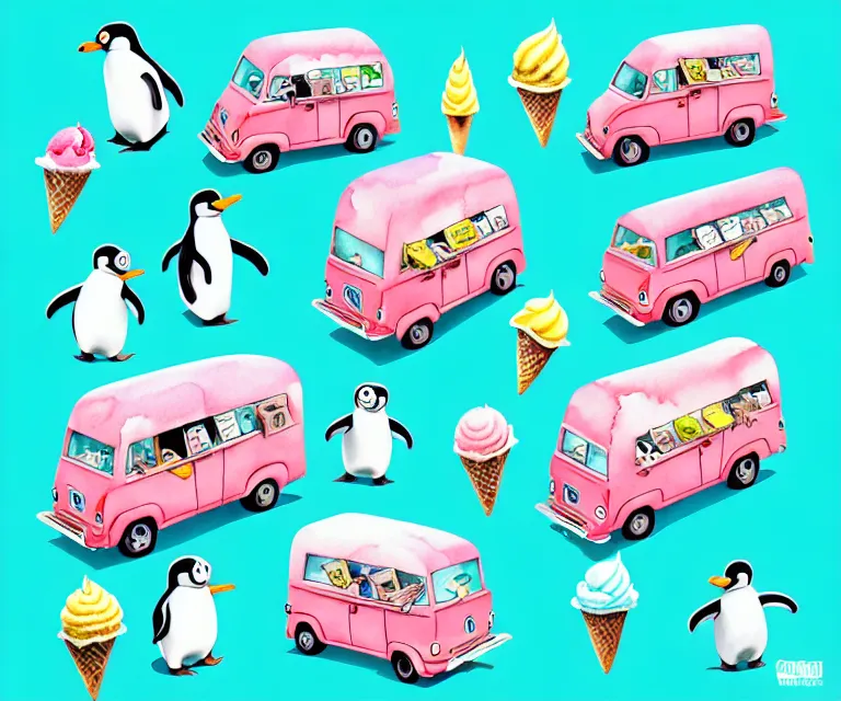 Image similar to cute and funny, penguin riding in a tiny ice cream truck, ratfink style by ed roth, centered award winning watercolor pen illustration, isometric illustration by chihiro iwasaki, edited by range murata, tiny details by artgerm and watercolor girl, symmetrically isometrically centered, sharply focused