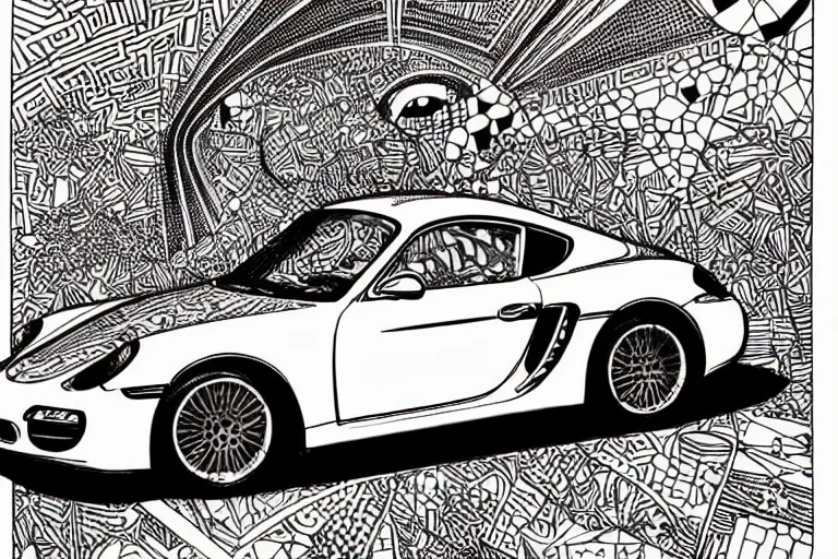 Image similar to a black and white drawing of a porsche cayman, a detailed mixed media collage by hiroki tsukuda and eduardo paolozzi and moebius, intricate linework, sketchbook psychedelic doodle comic drawing, geometric, street art, polycount, deconstructivism, matte drawing, academic art, constructivism