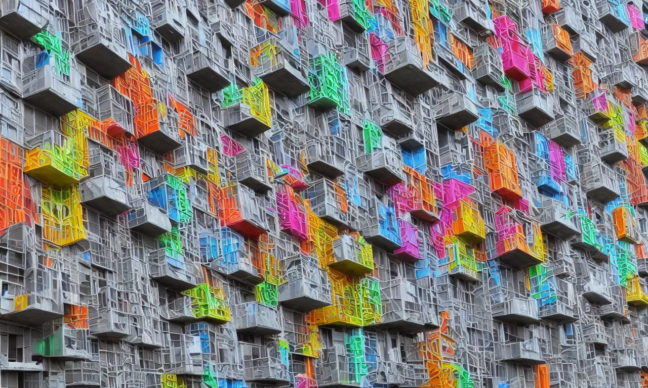 Image similar to african 3 d printed multifamily modern architecture, colorful geometric exterior cladding, architectural sculptural interior, ancestors and future, visually satisfying architecture render