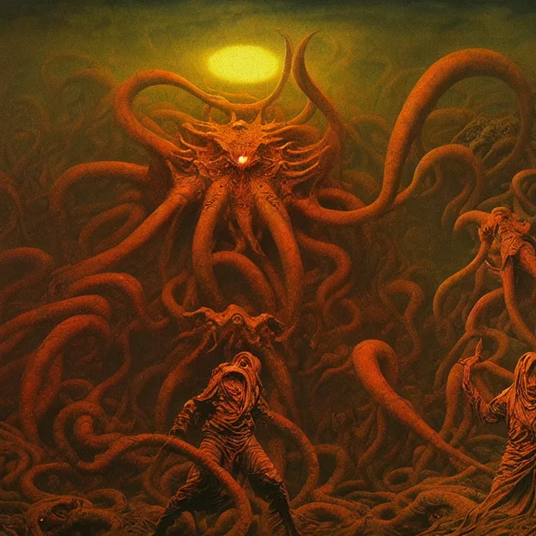 Image similar to a cinematic scene from the cthulhu in pyrrhic victory, concept art by beksinski and jean delville, dramatic lighting, ultra hd, hdr, 8 k