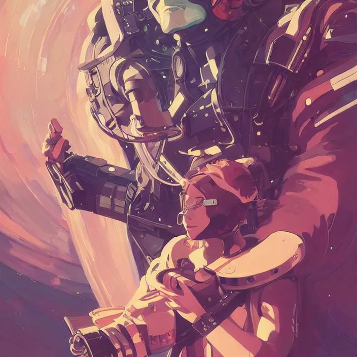 Image similar to anime portrait space pirate captain, futuristic science fiction, mucha, hard shadows and strong rim light, art by jc leyendecker and atey ghailan and sachin teng