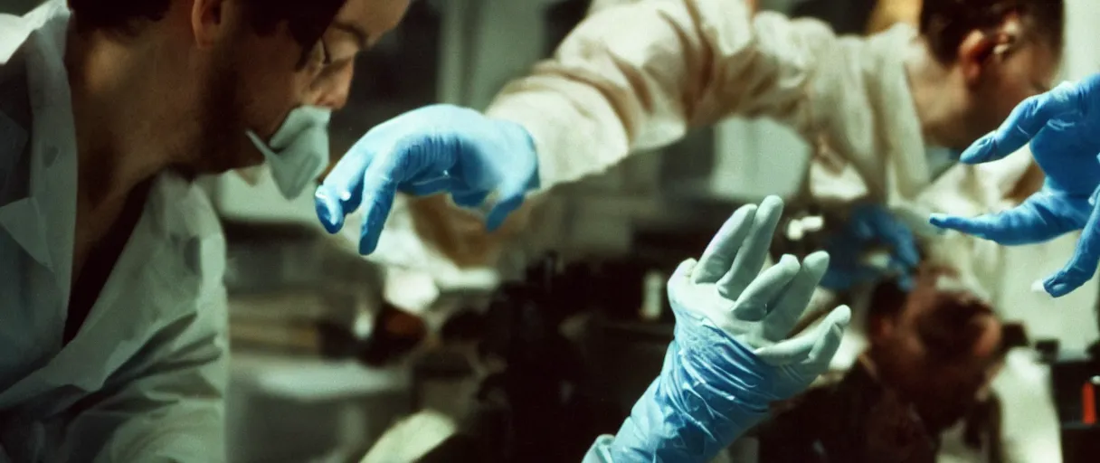 Image similar to filmic dutch angle extreme closeup movie still 4 k uhd 3 5 mm film color photograph of hands wearing surgical gloves being bitten by a dangerous re - animated alien specimen in a lab