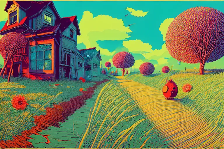 Prompt: midjourney, summer morning, very coherent and colorful high contrast, art by!!!! gediminas pranckevicius!!!!, geof darrow, floralpunk screen printing woodblock, dark shadows, hard lighting, stipple brush technique,