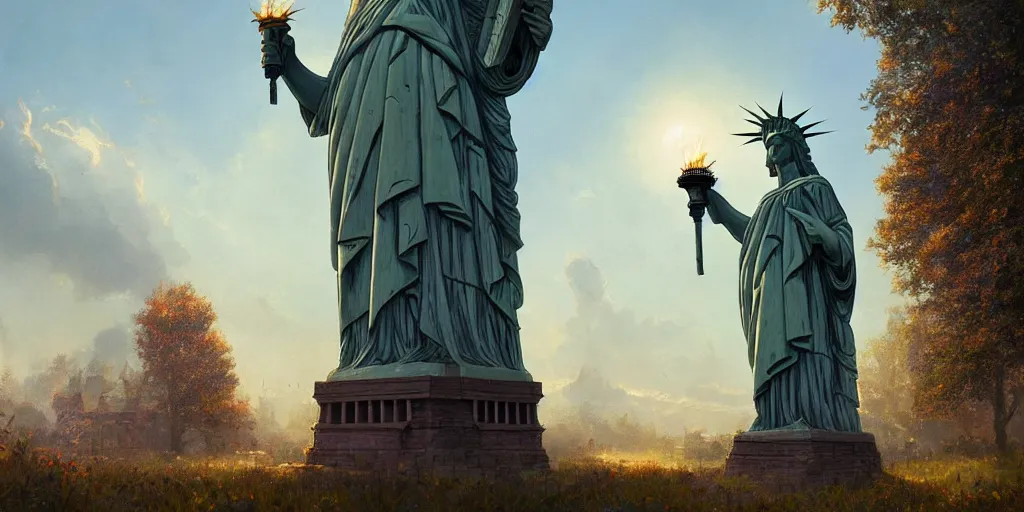 Image similar to a fantasy solarpunk statue of liberty, landscape illustration by greg rutkowski, bright sunlight, sun glints, vivid and colorful trees and plants and flowers, digital art, 8 k, trending on artstation