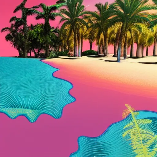 Image similar to realistic illustration of an oasis in a desert. Hot yellow sand with cyan water with white lines of refraction. Palm trees surround the oasis. Pink blocks are rising out of the water in a row leading from near to far, with vines hanging off them