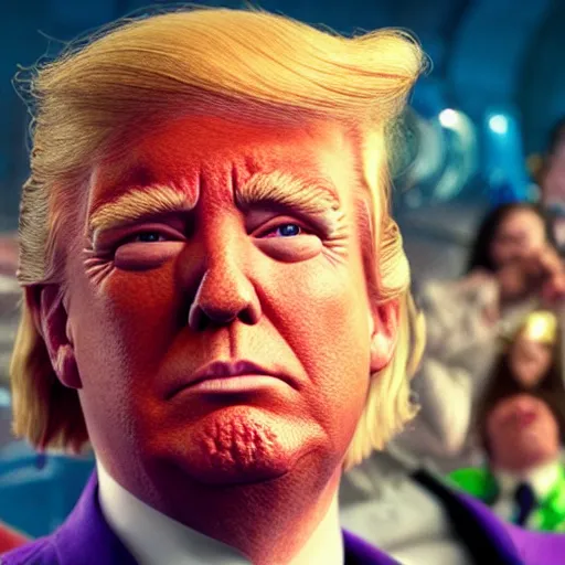 Prompt: portrait of donald trump as willy wonka in avengers movie, fantasy, splash art, avengers movie, movie still, detailed face, photorealistic facial features, cinematic lighting, dramatic, octane render, long lens, shallow depth of field, bokeh, anamorphic lens flare, 8 k, hyper detailed, 3 5 mm film grain
