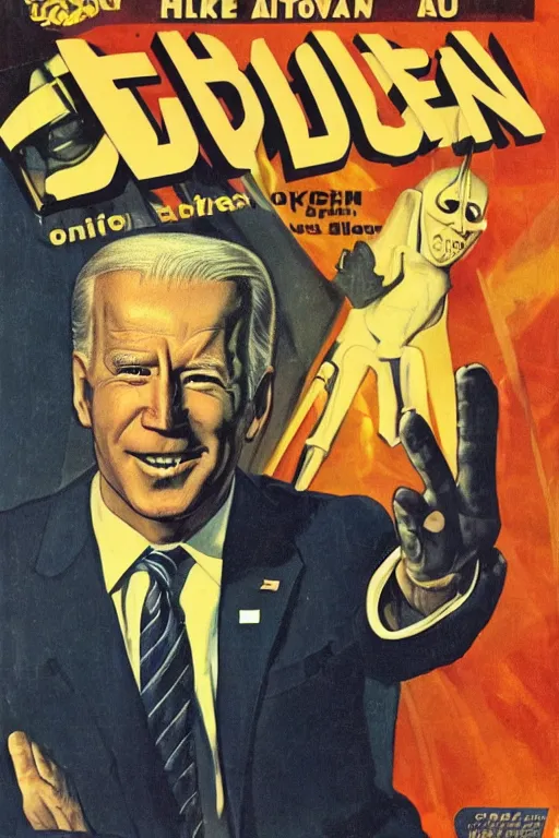 Prompt: pulp scifi cover of Joe Biden as an alien