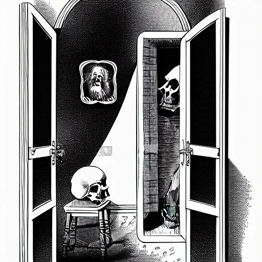 Prompt: storybook illustration of an open wardrobe revealing the entrance to a fantastic world featuring skullduggery pleasant, storybook illustration, monochromatic