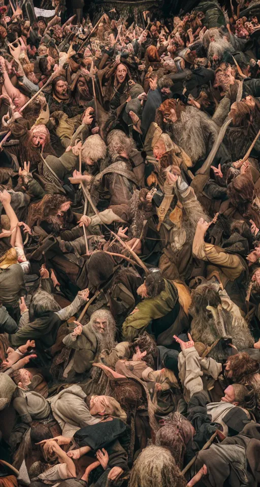 Image similar to hobbit mosh pit, detailed, sony a 7 r, photorealistic