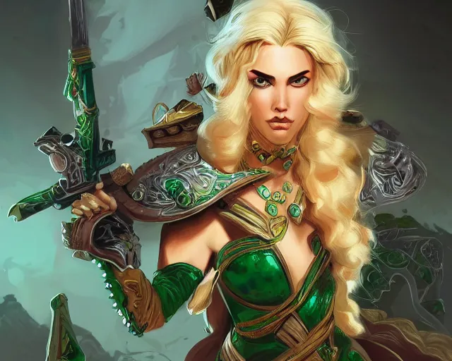 Image similar to A blonde emerald warrior, illustration, in the style of Fernando Juarez, epic, fantasy, intricate, elegant, amazing detail, digital painting, artstation, concept art, smooth, sharp focus, illustration