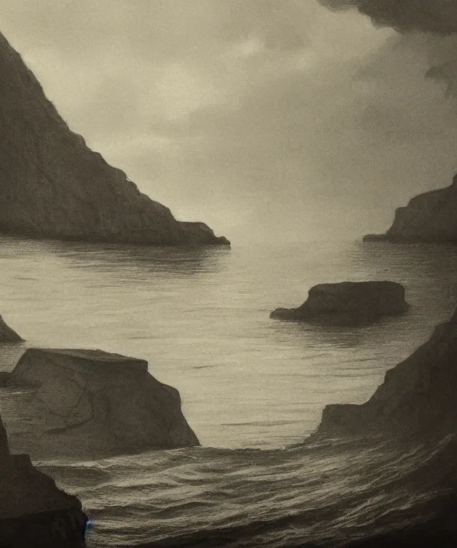 Prompt: photorealistic sepia painting of a 1 9 2 5 bay boat sailing near a jamaican cliff with the mouth of a sea cave at the waterline, dark, brooding, atmospheric, lovecraft, horror, smooth, epic, highly detailed, cinematic