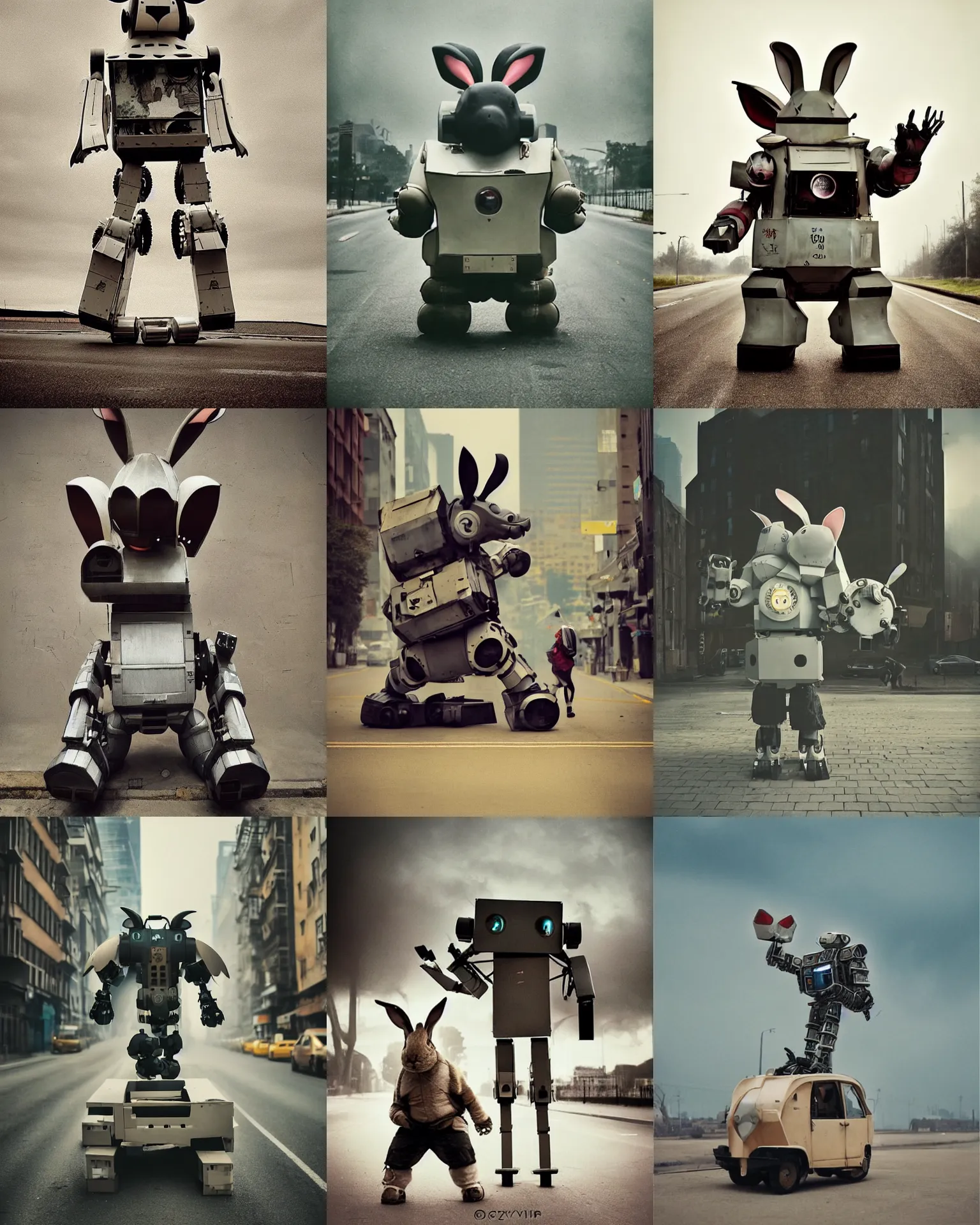 Prompt: epic fighting pose !!!giant oversized battle rabbit robot chubby mech with big ears , on street zebra , full body , Cinematic focus, Polaroid photo, vintage , neutral dull colors, soft lights, foggy , by oleg oprisco , by victor enrich , by gregory crewdson