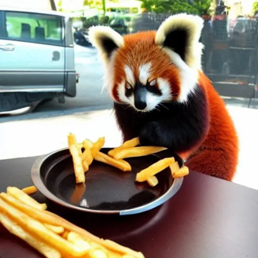 Image similar to a red panda wearing a Darth Vader helmet eating french fries