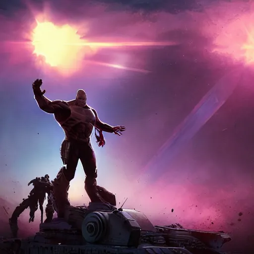 Image similar to portrait of Thanos standing on a tank in a post apocalyptic battlefield at sunrise, action pose, dramatic lighting, high contrast, cosmic horror, abstract, masterpiece, trending on ArtStation, by Moebius, blizzard concept artists, Greg Rutkovski and by Craig Mullins and by Ismail Inceoglu, backlight, rim lighting, god rays, lens flare, james cameron, cinematic, film still-H 704