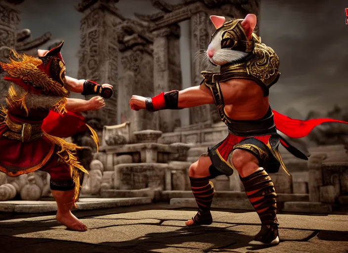 Image similar to hamster dressed as shao khan fights a cat dressed as kung lao in mortal kombat on the background of an ancient temple. fantasy magic style. highly detailed 8 k. intricate. lifelike. soft light. sony a 7 r iv 5 5 mm. unreal engine with nanite and path tracing