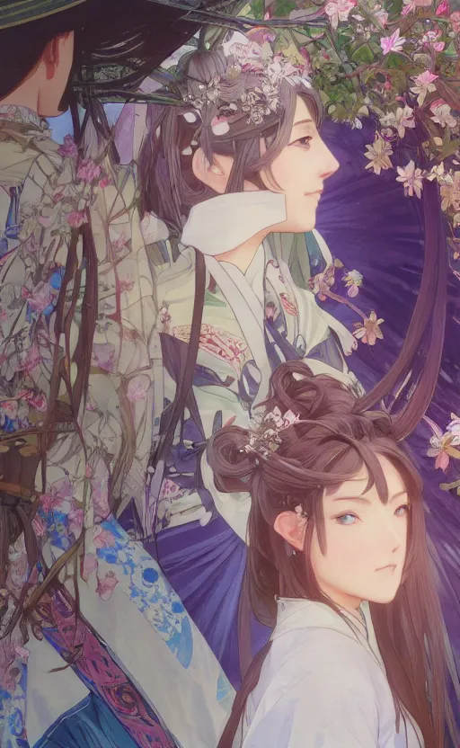 Image similar to side portrait of a girl walking, summer festival in background, yukata clothing, battlefield in background, anime style, hair down, symmetrical facial features, real faces, from arknights, hyper realistic, 4 k, extreme detail, trending artstation, realistic lighting, by alphonse mucha, greg rutkowski, sharp focus, backlit