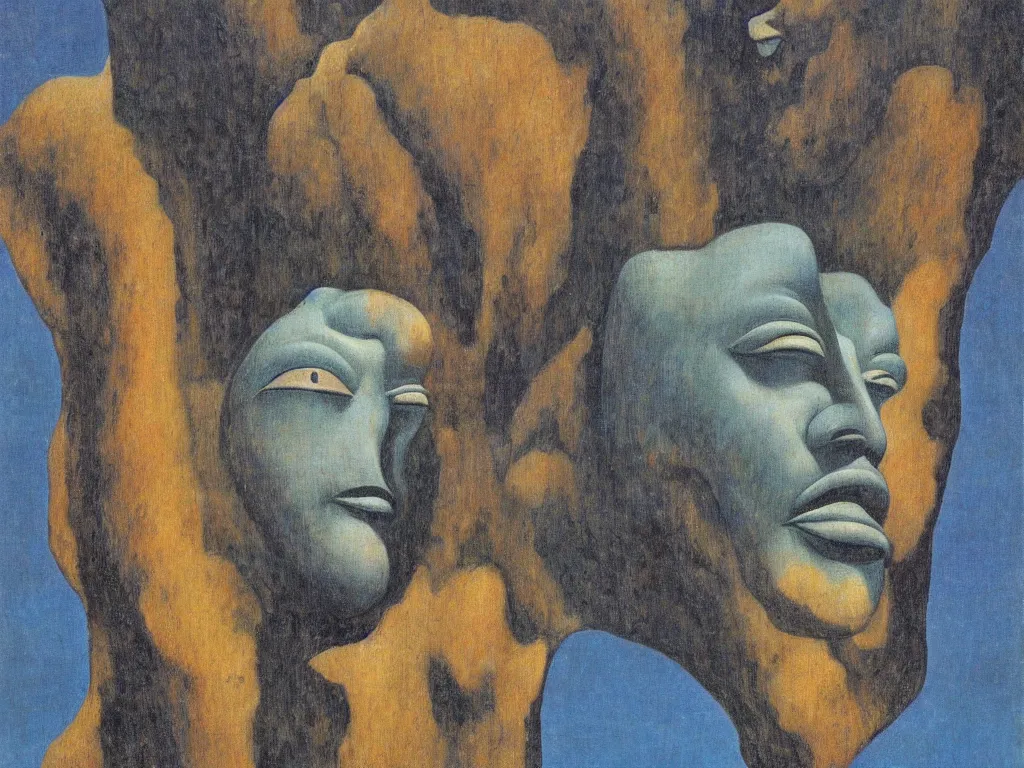 Prompt: African god mask, sculpture, giant, blue eyed, looking from the needle. Boulders of marbled rocks. Painting by Rene Magritte, Jean Delville, Max Ernst, Maria Sybilla Merian, Alfred Kubin