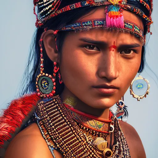 Image similar to portrait of a stunningly beautiful alluring nepalese tribal female, depth of field, zeiss lens, detailed, symmetrical, centered, fashion photoshoot, by annie leibovitz and steve mccurry, david lazar, jimmy nelsson, breathtaking, 8 k resolution, extremely detailed, beautiful, establishing shot, artistic, hyperrealistic, beautiful face, octane render