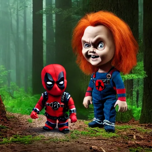 Image similar to chucky the doll and deadpool in the woods together 4 k detailed super realistic