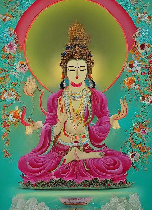 Prompt: A meticulous painting of Manjushri by Alessio Albi, Nina Masic, The painting is very meticulous, with every detail carefully rendered. The colors are bright and vibrant, and the overall effect is very pleasing