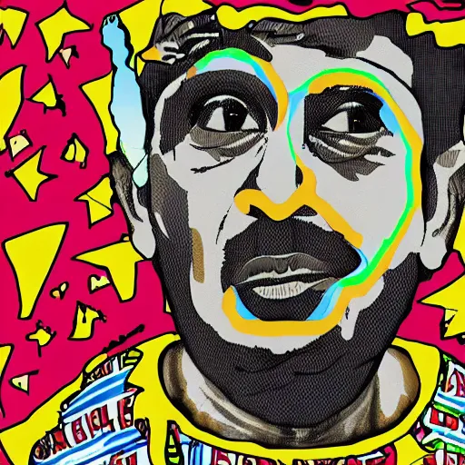 Image similar to omar souleyman in the style of daniel johnston and outsider art, 4k, overlaid with arabic text