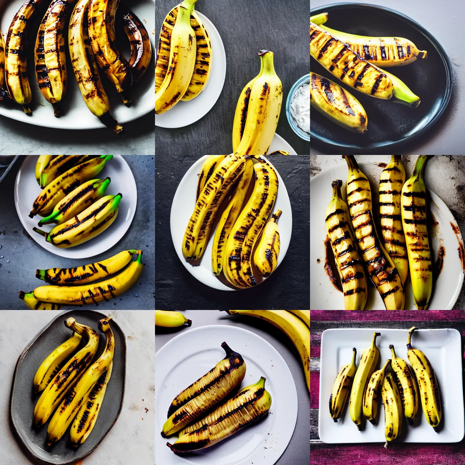 Prompt: grilled bananas on a white plate, food photography, fantasy