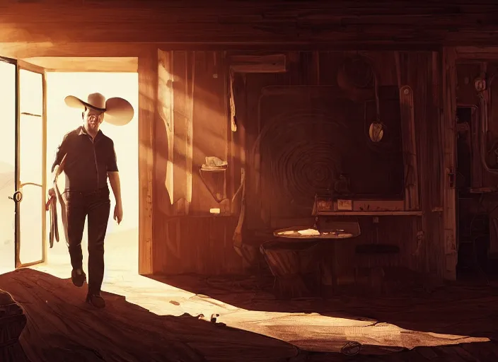 Image similar to elon musk walking through the door of a saloon, wild west, sunset, desert, dusty, sunbeams. digital illustration, colors, soft lighting, adventurous, atmospheric lighting, 8K, octane render. By Makoto Shinkai, Stanley Artgerm Lau, WLOP, Rossdraws, James Jean, Andrei Riabovitchev, Marc Simonetti, krenz cushart, Sakimichan, D&D trending on ArtStation, digital art.