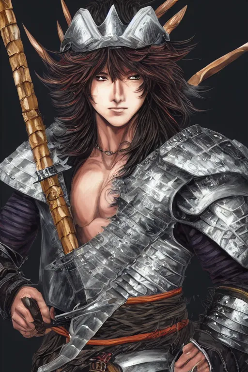 Image similar to A realistic anime portrait of a young handsome male barbarian with long wild hair, intricate fantasy spear, plated armor, D&D, dungeons and dragons, tabletop role playing game, rpg, jrpg, digital painting, by Ayami Kojima and Yusuke Murata, digtial painting, trending on ArtStation, SFW version