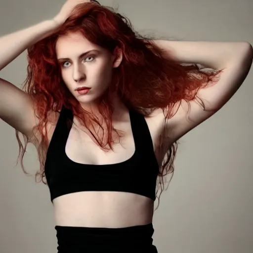 Prompt: beautiful irish lass ( model ) ( young ) with red wavy hair and piecing eyes, soft flawless pale skin, wearing a black crop top photography dramatic dark lighting, hyperrealistic