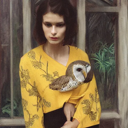 Image similar to head to shoulder portrait Polaroid film photograph of an elegant top model wearing a yellow kimono with a very detailed barn owl on her shoulder!!! in a tropical greenhouse. looking at the camera!!. super resolution. Polaroid 600 film. art by Alessio albi and john william waterhouse and John Singer Sargent and jules lefebres and Cristina Fontsare