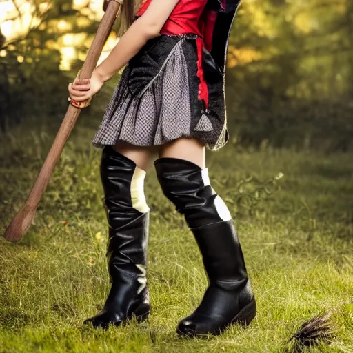 Image similar to young witch with magic wand and broom cosplay, she wears boots, photo taken by nikon, 4k, high quality, very detailed, intricant