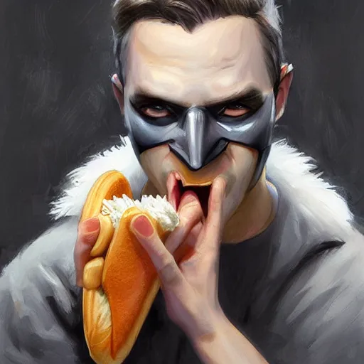 Prompt: Batman eating hot dog by Mandy Jurgens