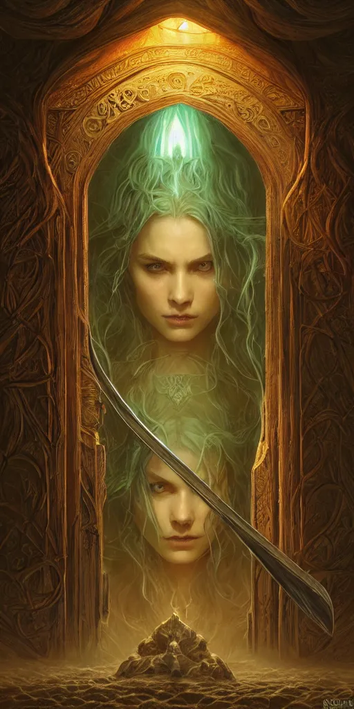 Image similar to door from lord of the rings, girls, d&D, magic the gathering, ancient, sand, emerald, intricate, highly detailed, digital painting, artstation, concept art, smooth, sharp focus, illustration, Unreal Engine 5, 8K, art by artgerm and greg rutkowski and alphonse mucha