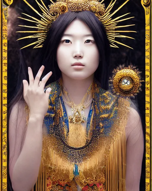 Image similar to hyper realistic portrait photo of beautiful ameterasu the sun goddess of japan, japanese model, portrait shot, intricate detail, glittering sun rays